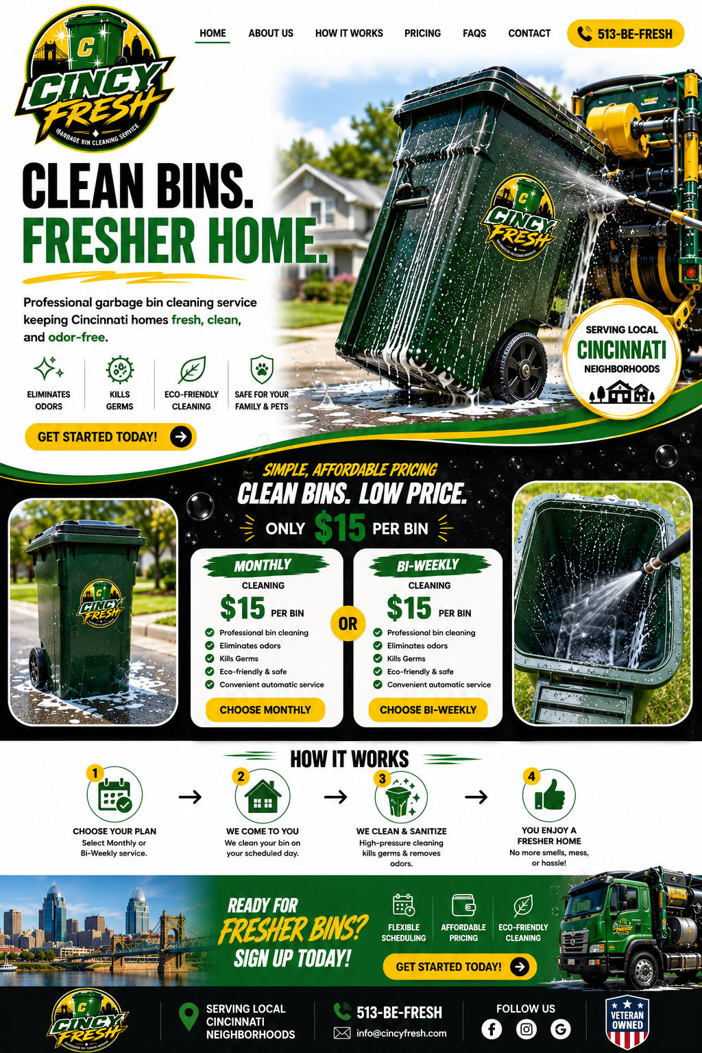 Cincy Fresh garbage bin cleaning service landing page showing clean bins, $15 per bin pricing, monthly and bi-weekly cleaning, and Cincinnati service area.